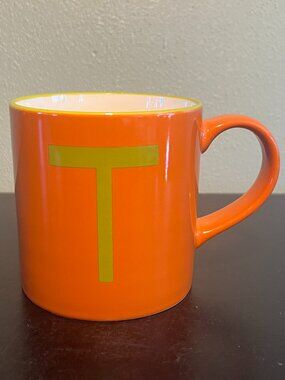 OPALHOUSE Letter "T ” Initial Monogram Orange & Green Ribbed Stoneware Mug